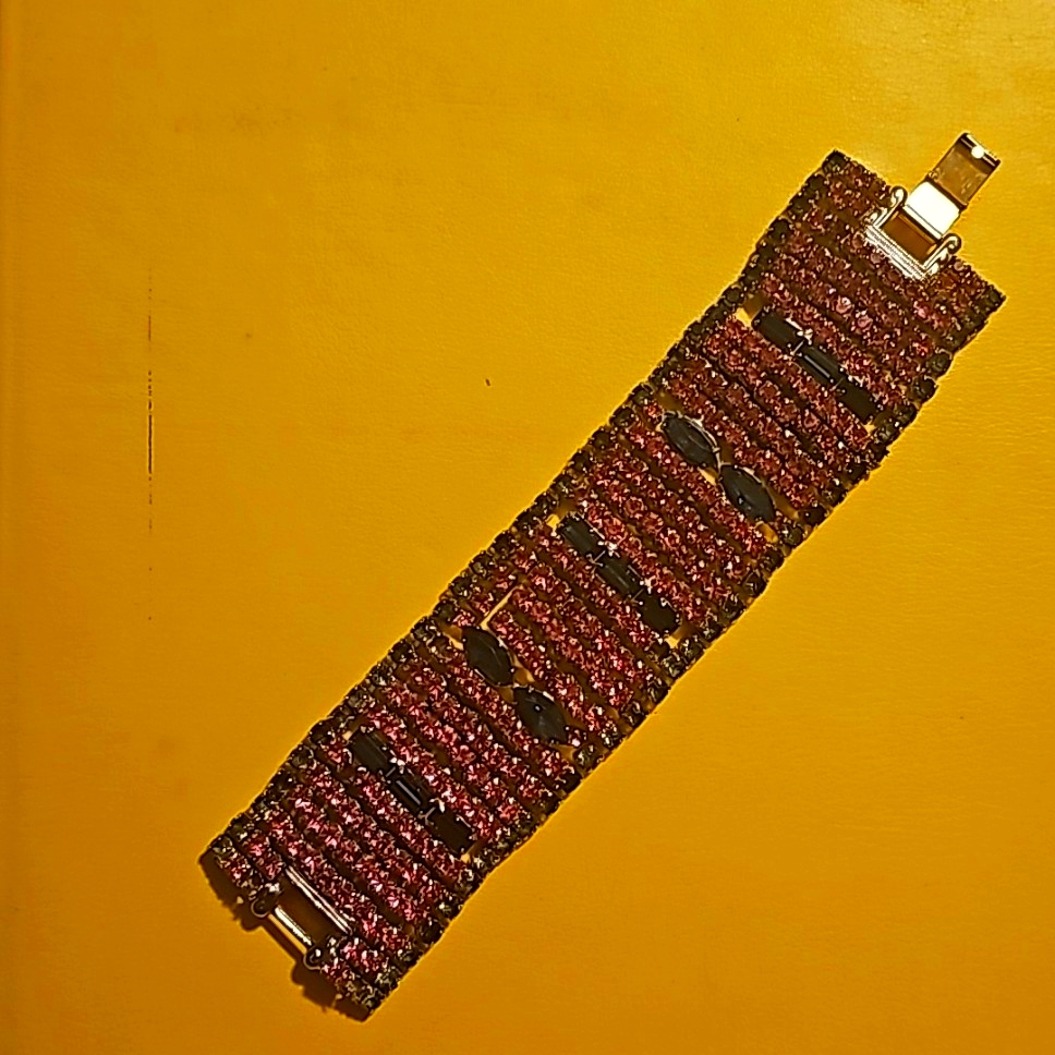 1950's Wide Rhinestone Collectible Bracelet, Pink & Blue, Silvertone